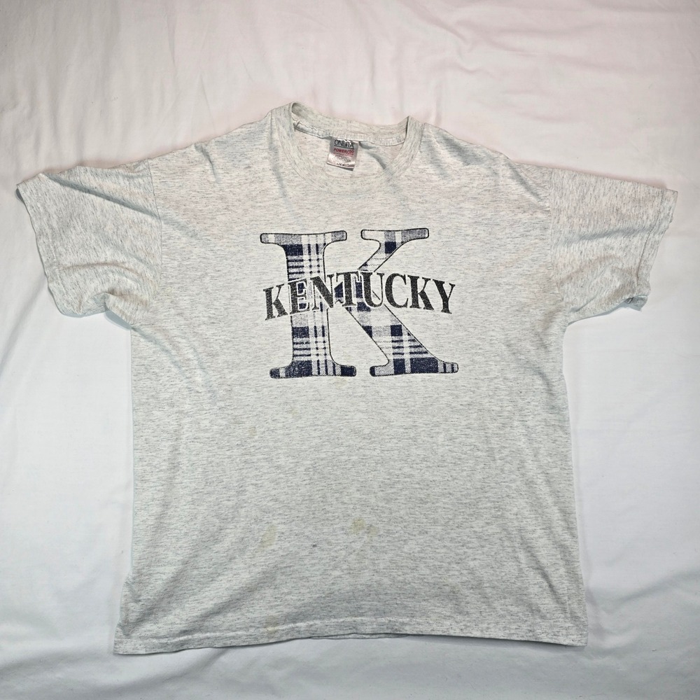 Vintage Oneita Kentucky T Shirt Heather Gray Plaid Graphic XL 90s Sportswear